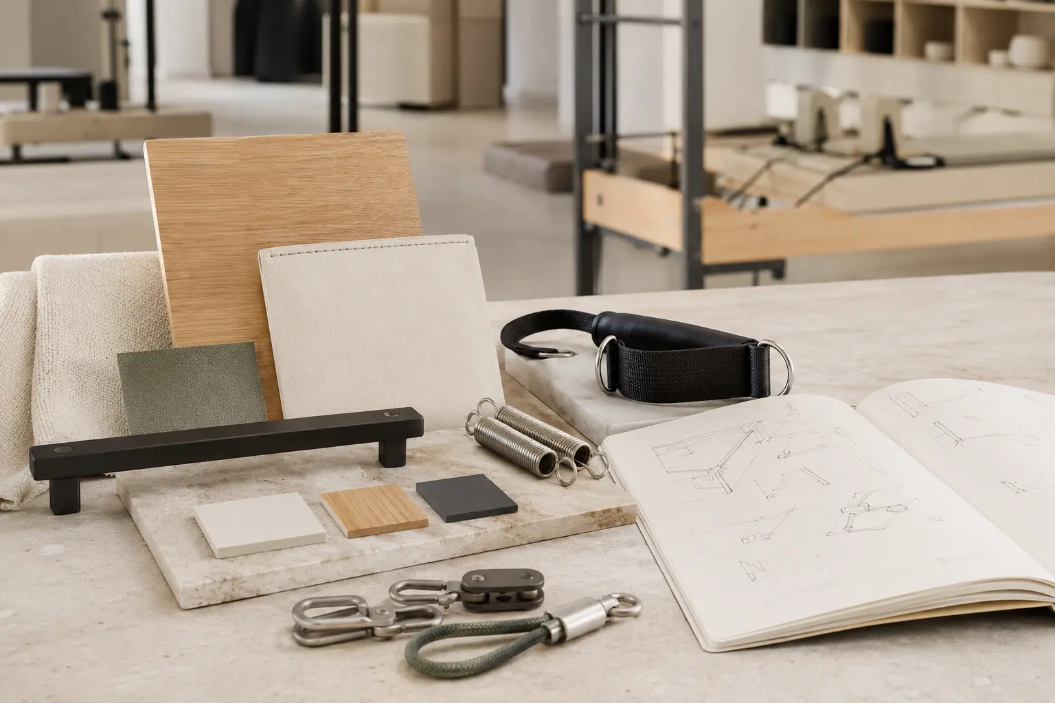 Pilates equipment material samples, hardware and configuration notebook