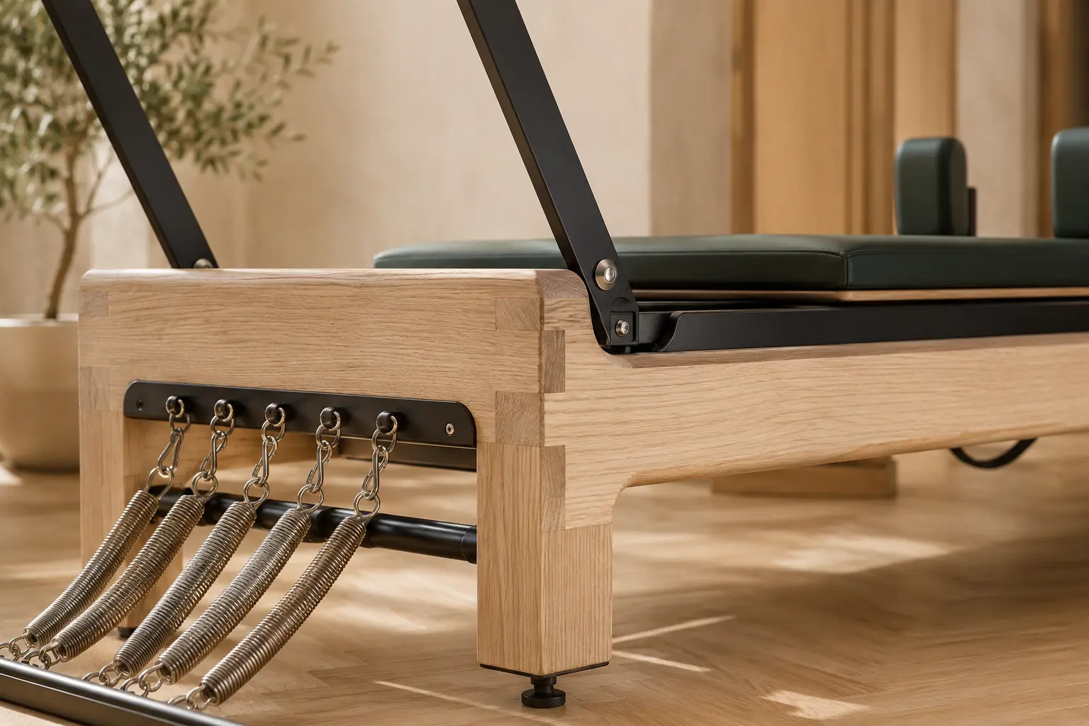Close view of oak Reformer joinery, springs and matte black hardware